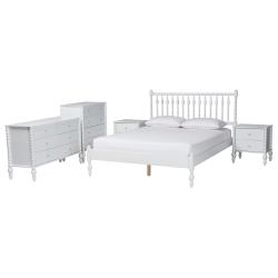 Baxton Studio Callison Spindle 5-Piece Bedroom Set - Farmhouse Platform Bed with Matching Dresser, Chest, and 2-Drawer Nightstands, White, Queen